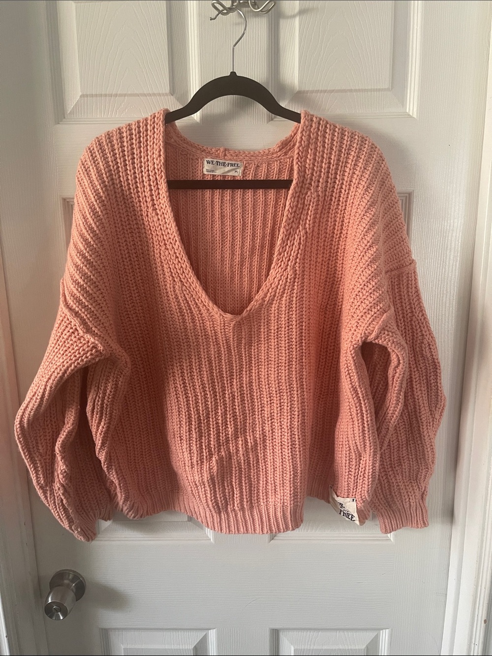We The Free Peach Pink V-Neck Chunky Oversized Knit Sweater